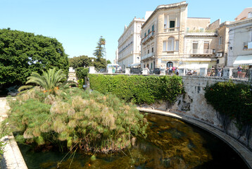 Obraz premium Syracuse / Italy – August 30, 2018: the Fonte Aretusa is one of the most beautiful monuments in Ortigia. In the fountain is set the legend of Aretusa and Alfeo, a Greek myth of Syracuse. 