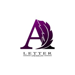 Initial Letter A Logo with feather. Trendy Design concept luxury feather element
