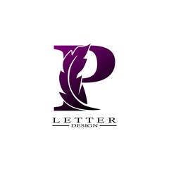 Initial Letter P Logo with feather. Trendy Design concept luxury feather element