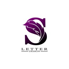 Initial Letter S Logo with feather. Trendy Design concept luxury feather element