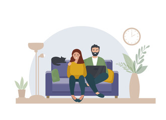 A married couple with a laptop sits at home on the sofa. Work at home, online education. Students or freelancers, bloggers. The concept of the Home Office. Rest together. vector flat