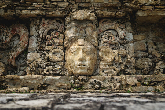 Basrelief carving of Mayan king at the palace of the archaeological site of Palenque, Chiapas, Mexico