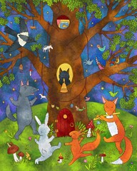 Cheerful animals are dancing in the forest. Vivid digital illustration. Cute illustration for the decor and design of posters, postcards, prints, stickers, invitations, textiles and stationery.