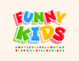 Vector bright Emblem Funny Kids. 3D colorful Font. Creative Alphabet Letters and Numbers