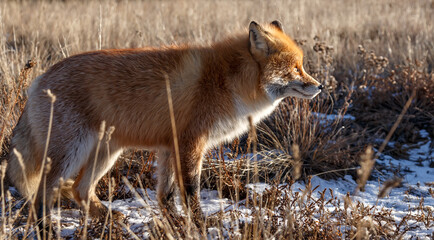 Fototapeta premium Red Siberian fox looking away in field grass on a sunny winter day