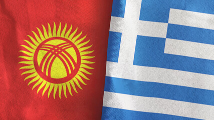 Greece and Kyrgyzstan two flags textile cloth 3D rendering