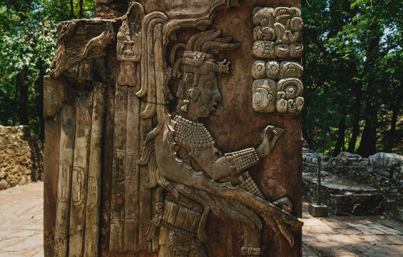 Basrelief carving of Mayan king at the archaeological site of Palenque, Chiapas, Mexico