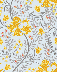 Floral seamless pattern with big yellow flowers, tulips and foliage on light background. Vector illustration.