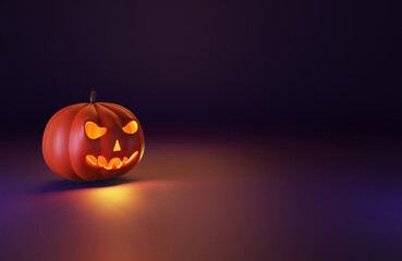 Reallistic glowing Halloween Pumpkin side view isolated is on purple abstract background 3D rendering