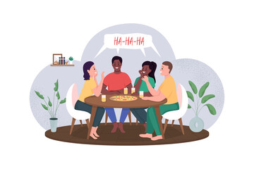 Friends meeting over pizza flat color vector detailed characters. Invite for dinner at home. Men and women. Evening double date isolated cartoon illustration for web graphic design and animation