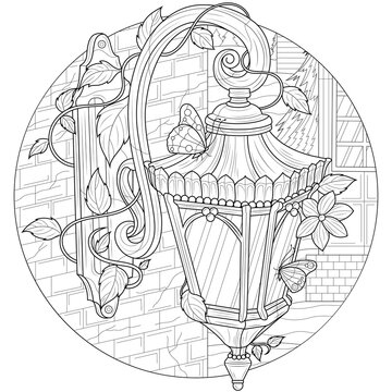 Street lamp at home.Coloring book antistress for children and adults. Zen-tangle style.Black and white drawing