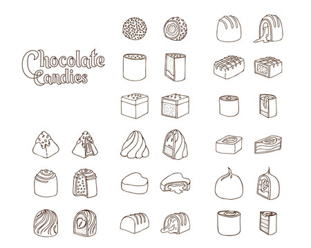 Set of vector Doodle linart illustrations of chocolate candies isolated on white background