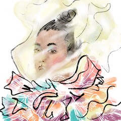 Hand-drawn fashion illustration sketch of imaginary glamour model in a multicolor fluffy dress, semitransparent 
voile, with a bun hairstyle, on white background. Fashion watercolor gift postcard