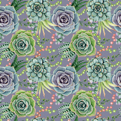 watercolor hand drawn succulents pattern. Colorfull tiled background. Seamless cactus on gray background. For wrapping paper, textile, wedding design