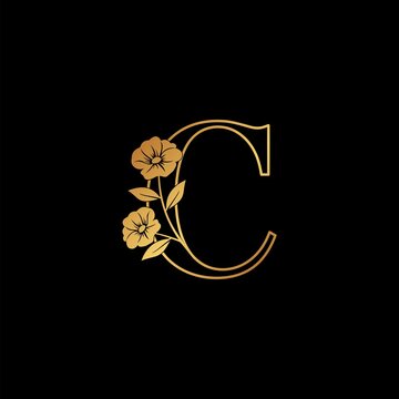 Golden Nature Flower Initial Letter C logo icon, vintage luxury vector design concept outline alphabet letter with floral flowers gold color.