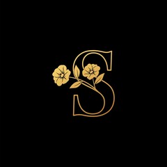 Golden Nature Flower Initial Letter S logo icon, vintage luxury vector design concept outline alphabet letter with floral flowers gold color.