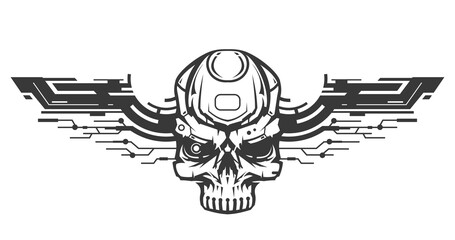 Skull head of robot with wings. Creative character design isolated on white background in hand drawn cartoon style. Technology concept for print, cover, tattoo. Vector illustration.