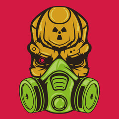 Color skull head of robot with gas mask. Creative character design isolated on red background in hand drawn cartoon style. Technology concept for print, cover, tattoo. Vector illustration.