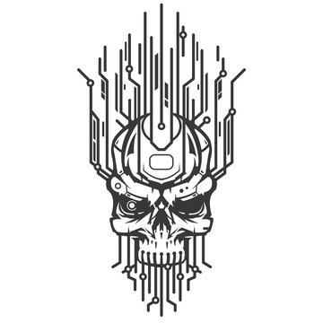 Skull head of robot with technology elements. Creative character design isolated on white background in hand drawn cartoon style. Futuristic concept for print, cover, tattoo. Vector illustration.