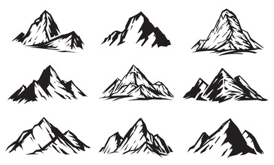 Set of silhouette mountains in grayscale sketch hand drawn style isolated on white background. Design element for print, cover, banner. Vector illustration.
