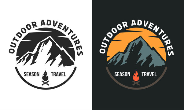 Templates composition of outdoor travel, adventures with mountain for badge, label, logo, patches or emblems in retro vintage style. Design concept for tourism. Vector illustration.