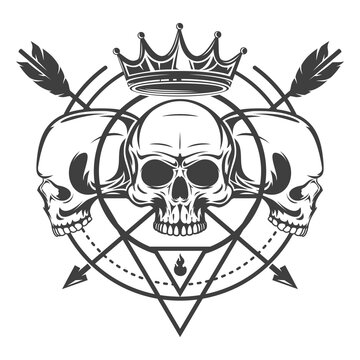 Mystic symbol composition with sacred geometry forms and human skull. Vintage art design concept isolated on white background. Modern vector illustration for print, tattoo.