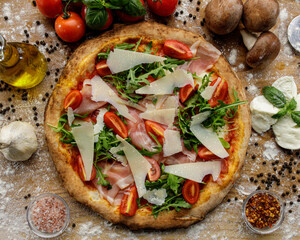 pizza with vegetables and ham
