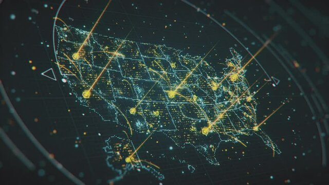 Flashing highlighted USA Map with glowing areas and interstate light connections. Scanning of USA Map through hi-tech futuristic sight and visuals with connecting light points and lines.