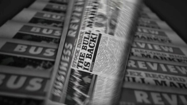 The bull market back and business growth up. Success, end of recession, stock index high breaking news. Vintage newspaper printing abstract concept. Retro 3d rendering black and white animation.