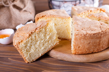 Piece of delicious fresh homemade cake on table