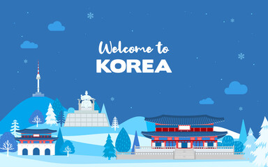 Welcome to Korea winter background vector illustration. Winter landscape with Korea attractions flat design - obrazy, fototapety, plakaty