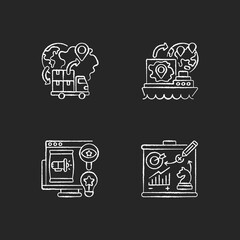 International business chalk white icons set on black background. Import and export trade. Brand recognition development and marketing strategy planning. Isolated vector chalkboard illustrations