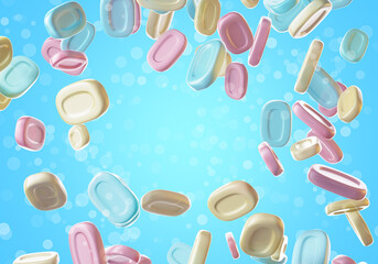 Fototapeta na wymiar 3d-rendering illustration of many flying soap bars with bubbles. Graphic design banner with copy space.