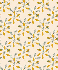 Fototapeta na wymiar Wheath seamless pattern. Hand drawn black graphic design, contour and shapes of leaves elements, light background