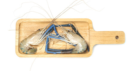 river shrimp common or Macrobrachium rosenbergii with square wooden tray isolated on white background