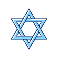 David star RGB color icon. Judaism symbol. Central symbol on Israeli flag. Magen david. Six-pointed geometric star. Hexagram figure. Two overlaid equilateral triangles. Isolated vector illustration