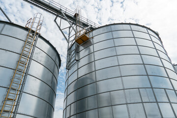 silver silos on agro manufacturing plant for processing drying cleaning and storage of agricultural products, flour, cereals and grain. Large iron barrels of grain. Granary elevator