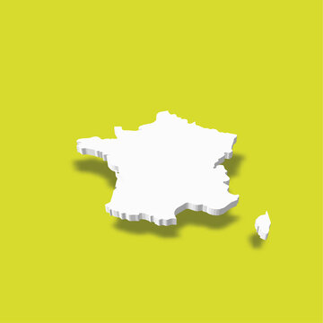 France - white 3D silhouette map of country area with dropped shadow on green background. Simple flat vector illustration