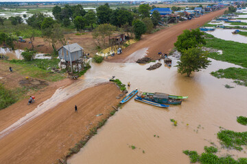 Flooded villages in western Cambodia . Flood on the Kampong Chhnang. View from flying drone of Kampong Chhnang village after few days of huge rain.