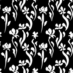 Ink vector brush stroke flowers seamless pattern. Vector illustration. Grunge texture.