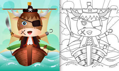 coloring book for kids with a cute pirate buffalo character illustration on the ship