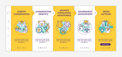 Wildlife conservation onboarding vector template. Green activism. Environmental movement. Animal welfare. Responsive mobile website with icons. Webpage walkthrough step screens. RGB color concept