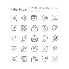 Interface pixel perfect linear icons set. Smartphones and tablets application. Settings menu. Camera. Customizable thin line contour symbols. Isolated vector outline illustrations. Editable stroke