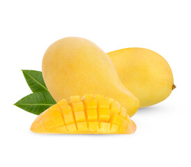 King of fruits, Mango fruit and sliced with leaves isolated on white background