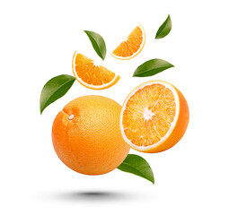 Fresh orange with leaves isolated on white background