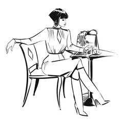 Elegant lady reading the morning paper and drinking coffee, pend drawing fashion illustrion 