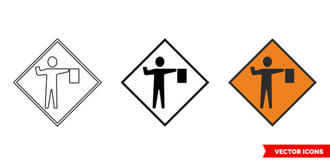 Flagman ahead roadworks sign icon of 3 types color, black and white, outline. Isolated vector sign symbol.