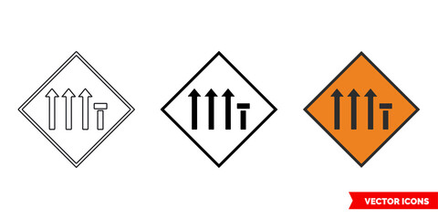 Offside lane of four closed roadworks sign icon of 3 types color, black and white, outline. Isolated vector sign symbol.