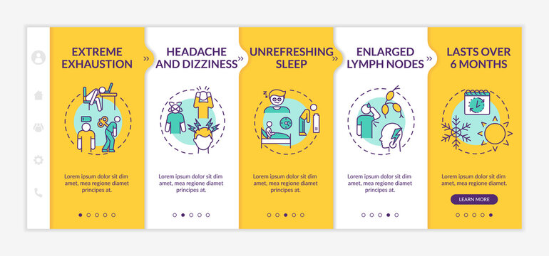 Myalgic encephalomyelitis symptoms onboarding vector template. Migraines, dizziness, long-lasting disease. Responsive mobile website with icons. Webpage walkthrough step screens. RGB color concept
