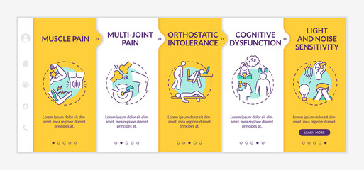 Myalgic encephalomyelitis signs onboarding vector template. Muscle pain. Cognitive dysfunction. Responsive mobile website with icons. Webpage walkthrough step screens. RGB color concept